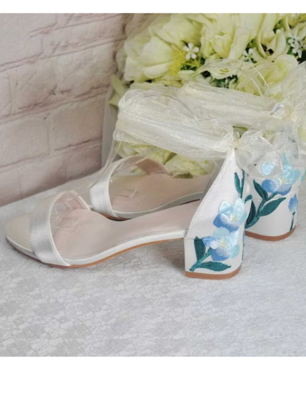 FSJ White Satin Floral Embroidery Block Heel Ankle Strap Wedding Sandals